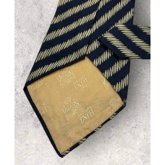 Luxury linen silk tie, elegant blue, brown and white  JACQUES FAITH VINTAGE RARE Silk Tie FRANCE Navy Beige Striped W:4.4\